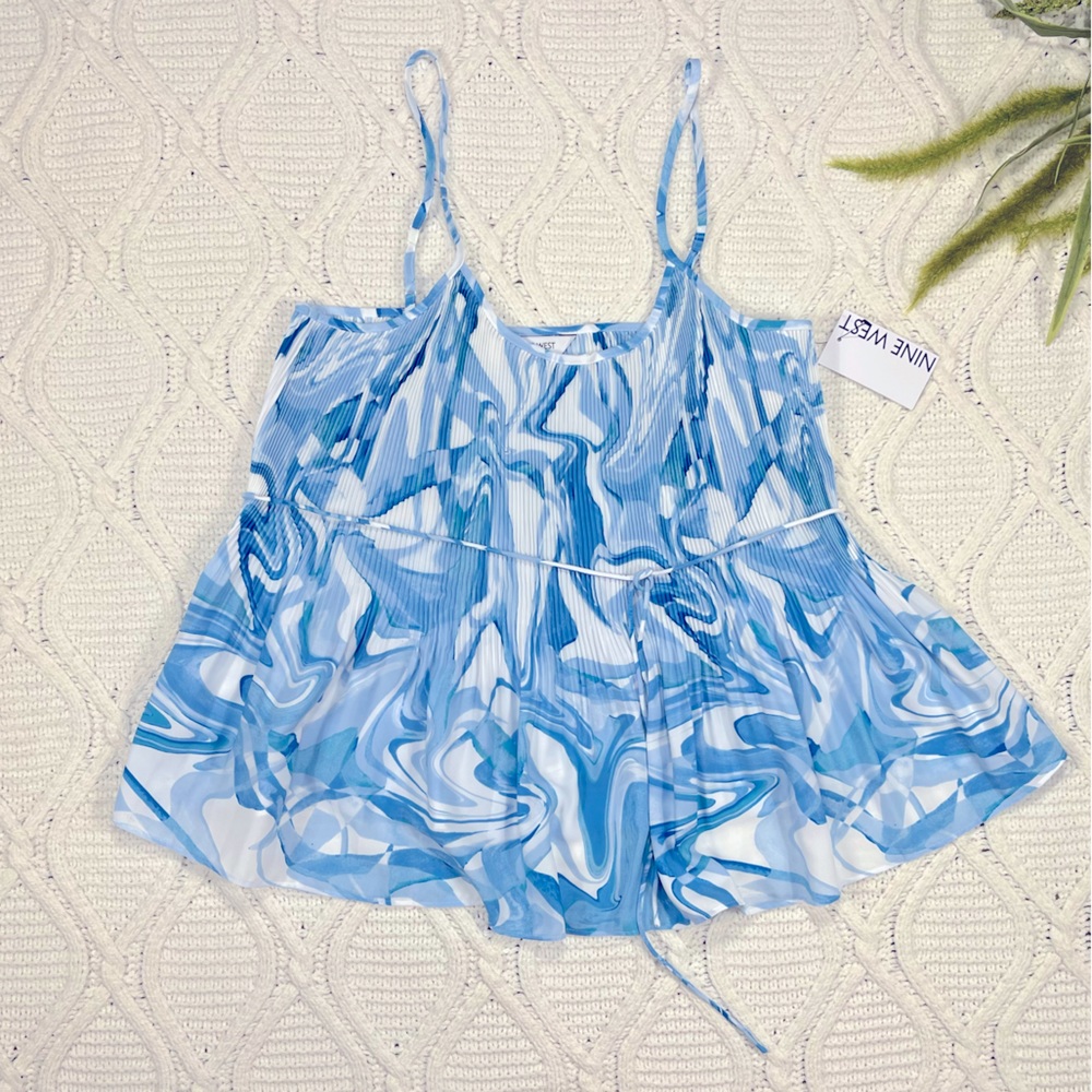 NWT Nine West Flows Tank Top Plisse White Blue Watercolor Print M